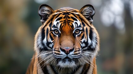 Fototapeta premium A majestic Bengal tiger staring directly into the camera, soft and even lighting, blurred minimalistic background, high-definition fur texture, cinematic close-up