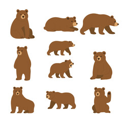 Cute Brown Bear Vector Set – Various Poses and Expressions in Flat Style