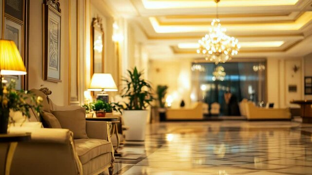 A hotel lobby with a large chandelier and a table with a lamp and a vase of flowers