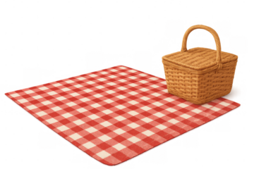 Wicker picnic basket sitting atop red-white checkered blanket, ready for outdoor dining, isolated background