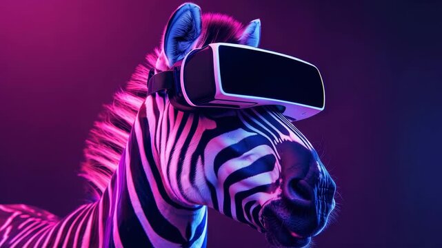 A zebra is testing out futuristic virtual reality headset under colorful purple and blue lighting, creating surreal captivating .neon