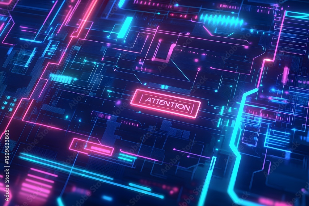 Poster futuristic electronic circuit board depicting data flow and warning with attention sign
