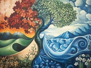 Four Elements Tree of Life Painting Earth Fire Water and Air in Harmony