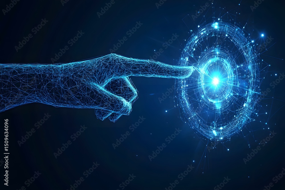 Poster futuristic hand touching a digital interface representing technology and innovation concepts