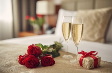 Champagne, roses, and a gift on bed