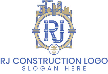 Modern RJ Construction Logo Design Template city blue gold  