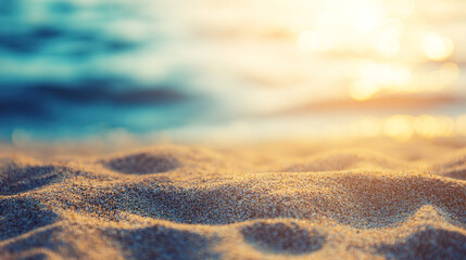 Sandy shore with ocean haze, warm summer glow, soft gradient light, open space for text