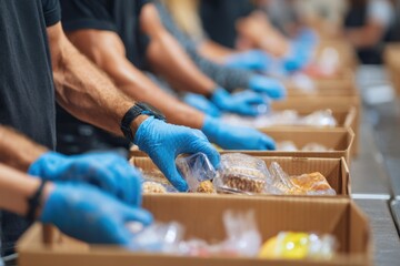 Volunteers packing food boxes wearing protective gloves