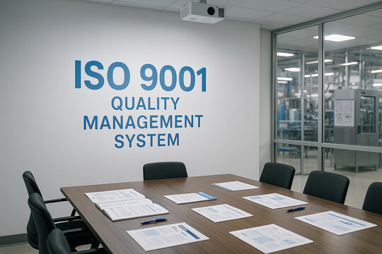 Conference room in food processing plant displaying ISO 9001 quality management system sign on wall with printed reports on table ready for certification meeting or audit..