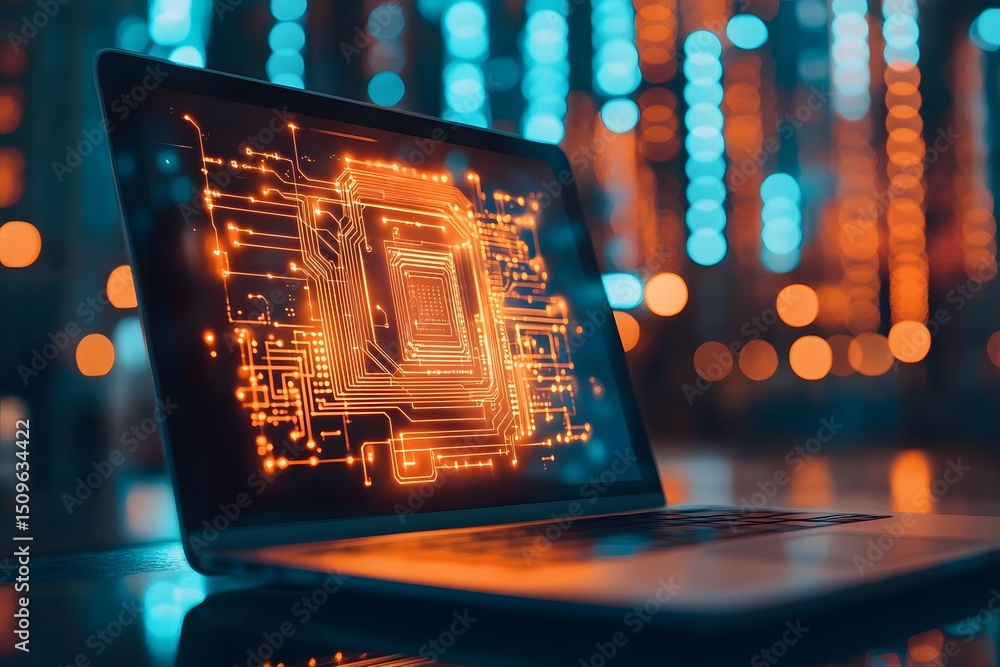 Poster futuristic laptop displaying glowing circuit board with abstract bokeh background