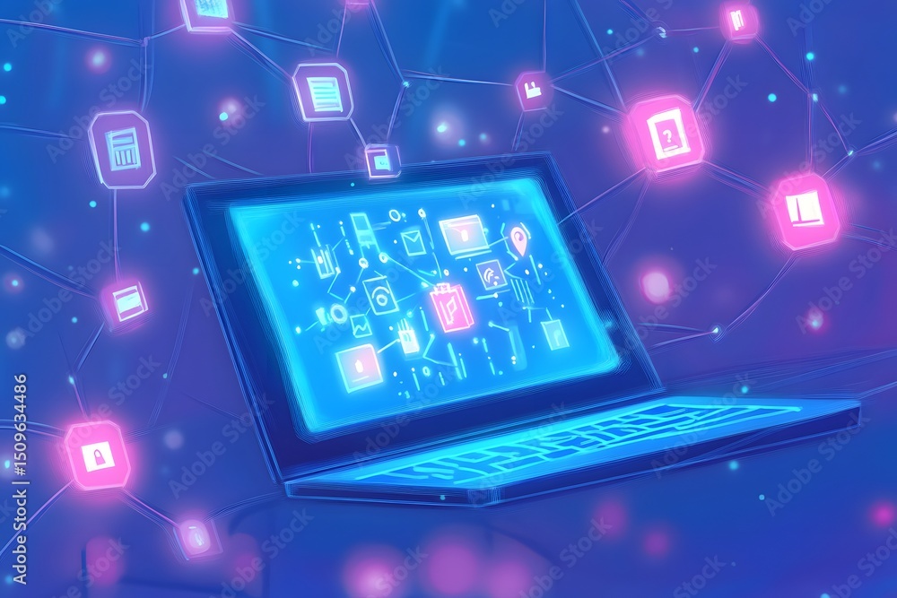 Poster futuristic laptop displaying connected data with glowing icons representing online communication