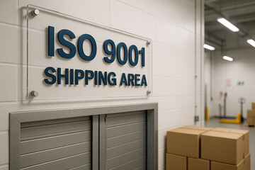 ISO 9001 Quality management system QMS shipping area sign in food industry logistics facility, certified packaging, dispatch and quality control for compliant distribution process..