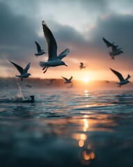 Peaceful early morning ocean scene with birds flying under soft light 