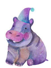 Watercolor jungle hippopotamus safari animal baby illustration.