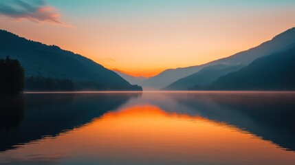 Fototapeta premium A beautiful orange and blue sunset over tranquil mountain lake