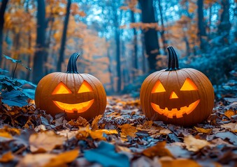 Jack-o'-lanterns in autumn forest