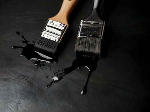 Paintbrushes are painting black stripes splashes and smears of paint on a white background, creating a vibrant contrast and showcasing a creative painting process