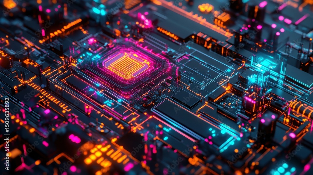Poster futuristic circuit board with glowing components and intricate design high tech and modern