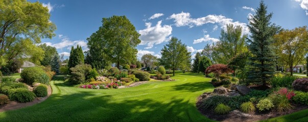 Lush green lawn with various plants and trees
