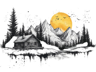 A mountain range with a house in the foreground and a sun in the background