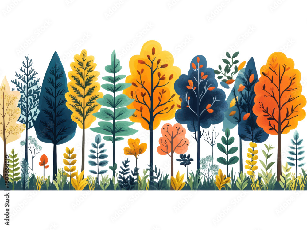 Poster a colorful forest with trees of different sizes and colors
