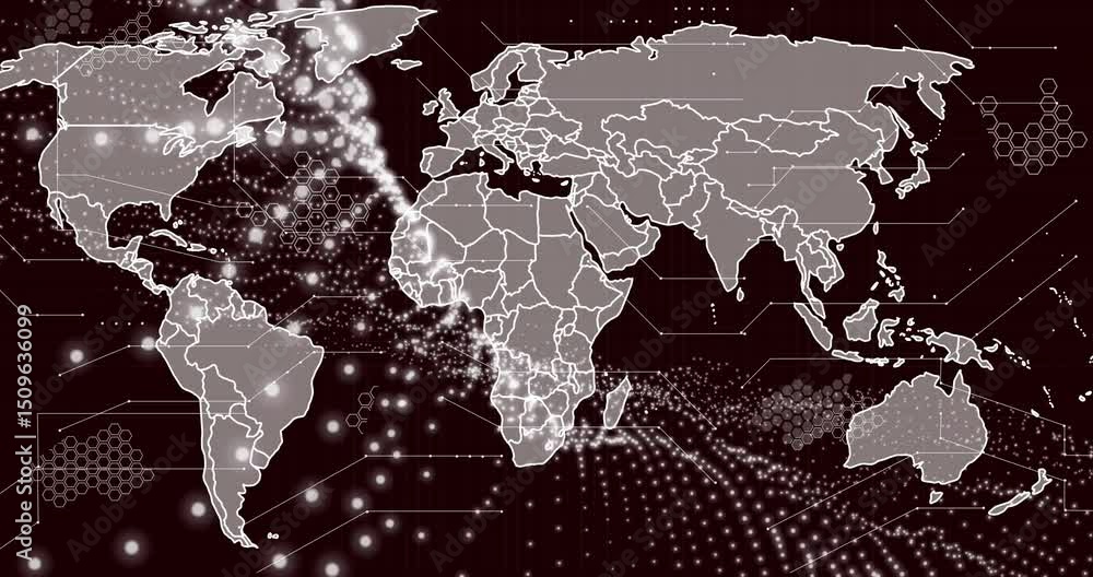 Poster white nodes appearing then drifting westward across emerging map outline showing global data flow