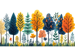 A colorful forest with trees of different sizes and colors