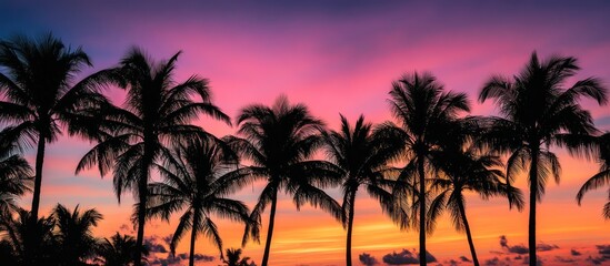 Silhouetted Tropical Palm Trees Set Against Vivid Sunset Skies