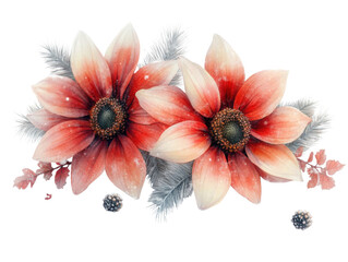 Two red and white flowers with snowflakes on them