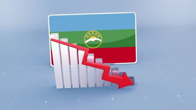 Karachay Cherkessia Country Flag and Bar Chart Graph Showing Decreasing Values a Red Arrow Economic Crisis Concept