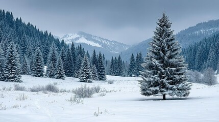 Fototapeta premium Snowy fir trees on a winter landscape.