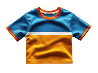 A child's shirt with blue, yellow and orange stripes