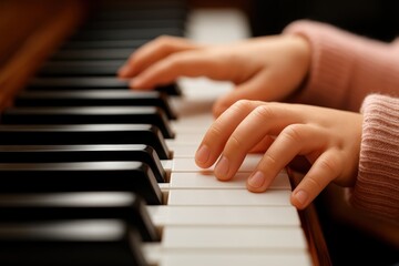 Fototapeta premium A close-up of a child's hands playing the piano keys, showcasing the joy of music and creativity.