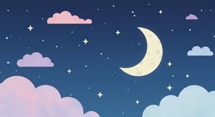 Fototapeta premium Serene Night Sky: Crescent Moon and Pastel Clouds