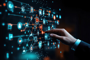 Fototapeta premium Human hand interacting with digital network interface showcasing modern technology and data processing