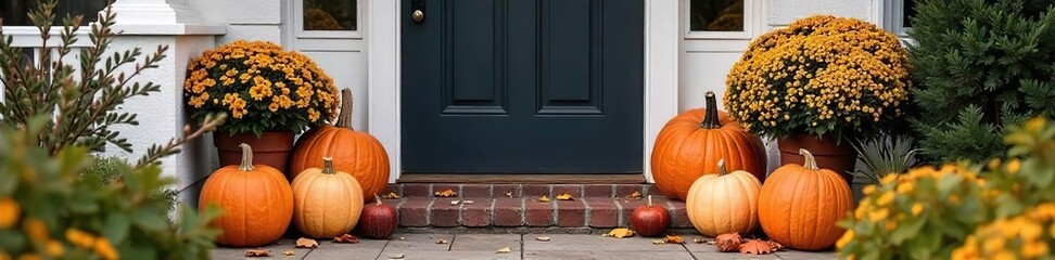 A charming autumnal front porch display featuring pumpkins, gourds, and fall foliage, perfect for seasonal decorating inspiration , cozy, seasonal, holiday decor