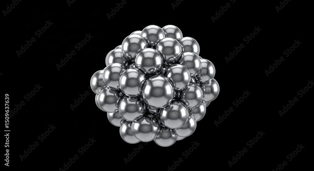 Aufkleber metallic spheres cluster forming abstract structure on black background