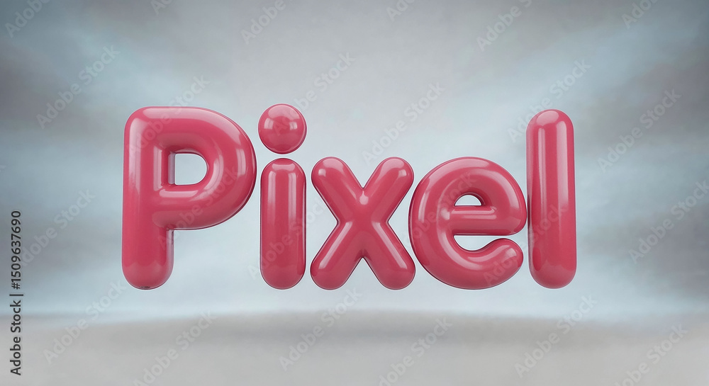 Poster pixel written with glossy pink inflatable letters floating against a gray gradient background