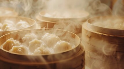 Close up of steaming dim sum baskets filled with freshly made dumplings elegantly stacked