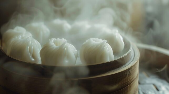 Close up of steaming dim sum baskets filled with freshly made dumplings elegantly stacked