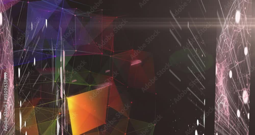 Poster particle spark initiating 3d polygon cluster rotating and shifting hues to visualize network growth