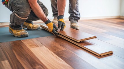Two people installing laminate flooring in a room for construction