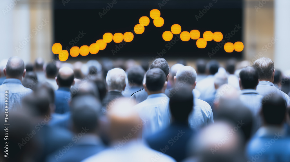 Poster market analysis: capturing the essence of a crowded boardroom, attendees focus intently on a financi