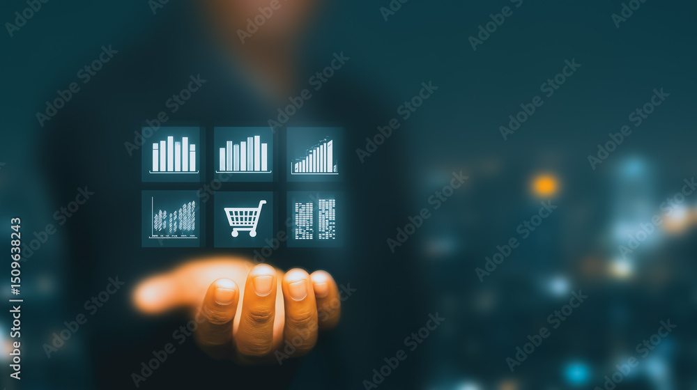 Poster e-commerce analytics in hand: a businessman's hand presents a futuristic interface displaying key e-