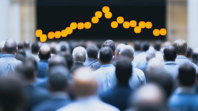 Market Analysis: Capturing the essence of a crowded boardroom, attendees focus intently on a financial graph displayed on a large screen, representing market trends and business analytics.