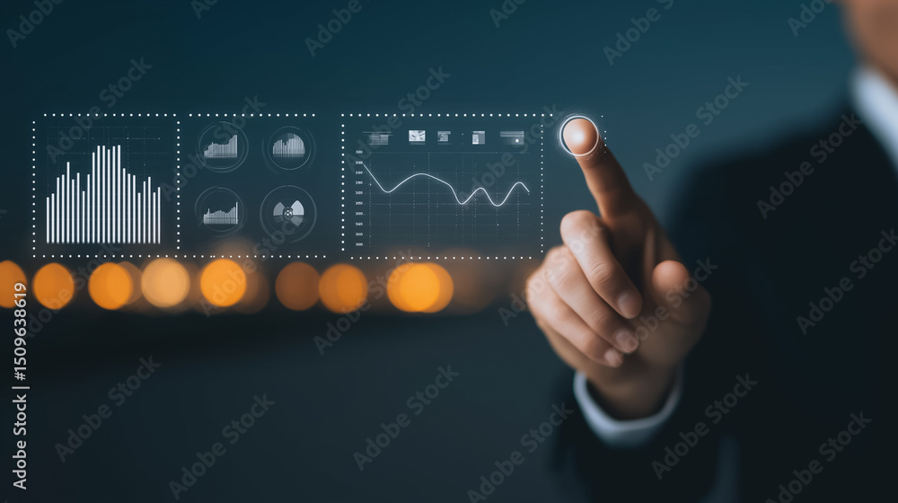 Poster data analysis and innovation: a silhouette of a business person, seamlessly interacting with a futur