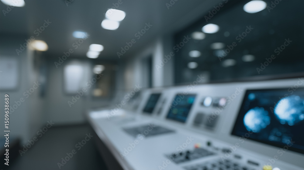 Poster blurred control room: a futuristic control room, with a muted color palette, displays rows of advanc