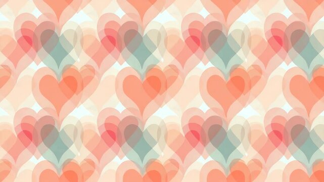 A  pattern features an array of overlapping hearts in pastel shades peach, coral, ivory, and gray-blue, creating soft, romantic aesthetic.valentine'd day mood, background