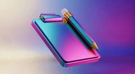 Clipboard and pencil floating on gradient background representing creative ideas