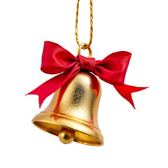 Golden Christmas Bell with Red Bow Hanging on a String, Symbol of Joy and Celebration for Holiday Festivities